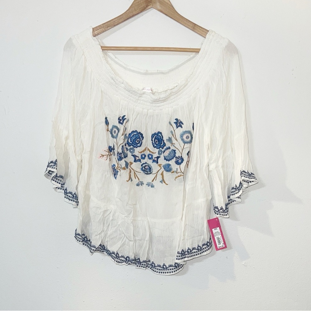 Xhilaration floral off shoulder blue and white embroidered crop top